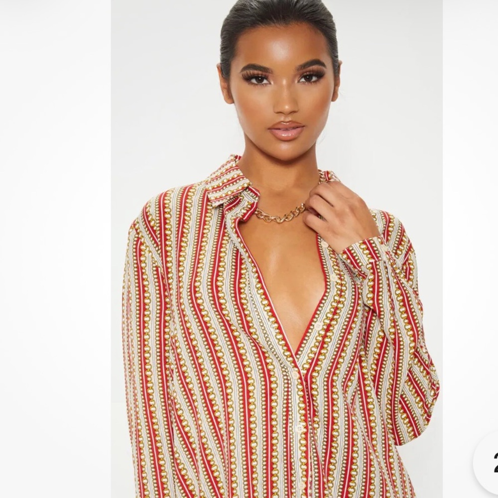 Prettylittlething Red Chain Print Oversized Button Down Blouse Shirt Sz 6 View 4